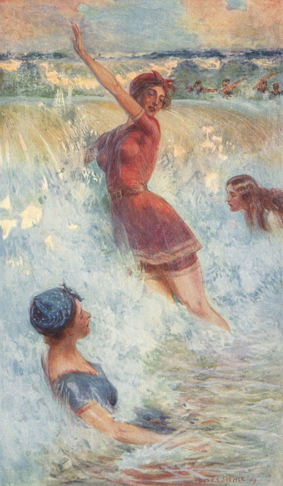 'In the surf' by Percy Spence. Australia 1910 old antique print picture